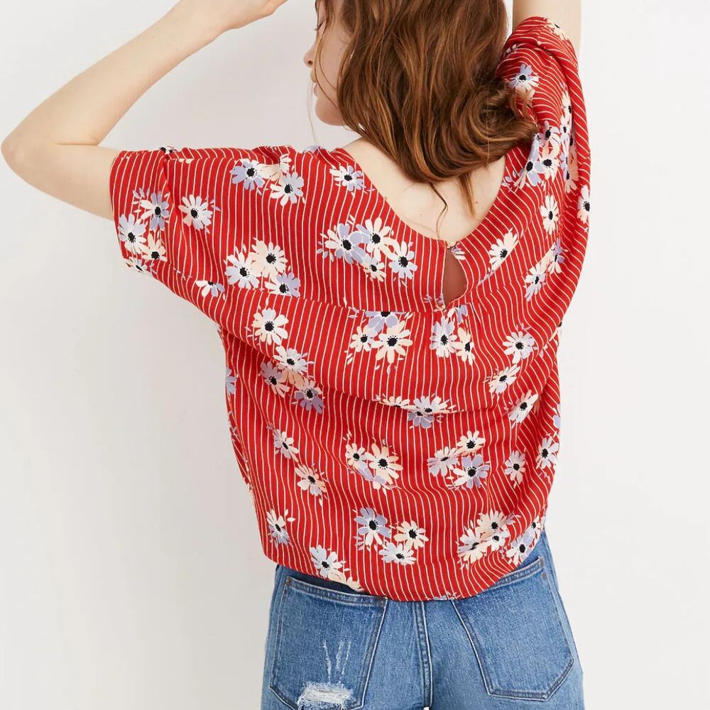 Madewell Rhyme Top in Daisy Society Red Floral & Stripe Print Casual Shirt - Picture 2 of 13
